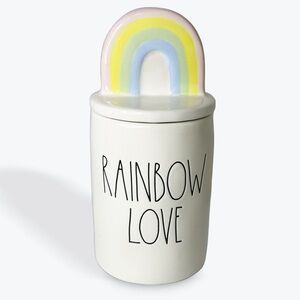 RAE DUNN Ceramic RAINBOW LOVE White Candle With Rainbow Topper Sprinkle Doughnut